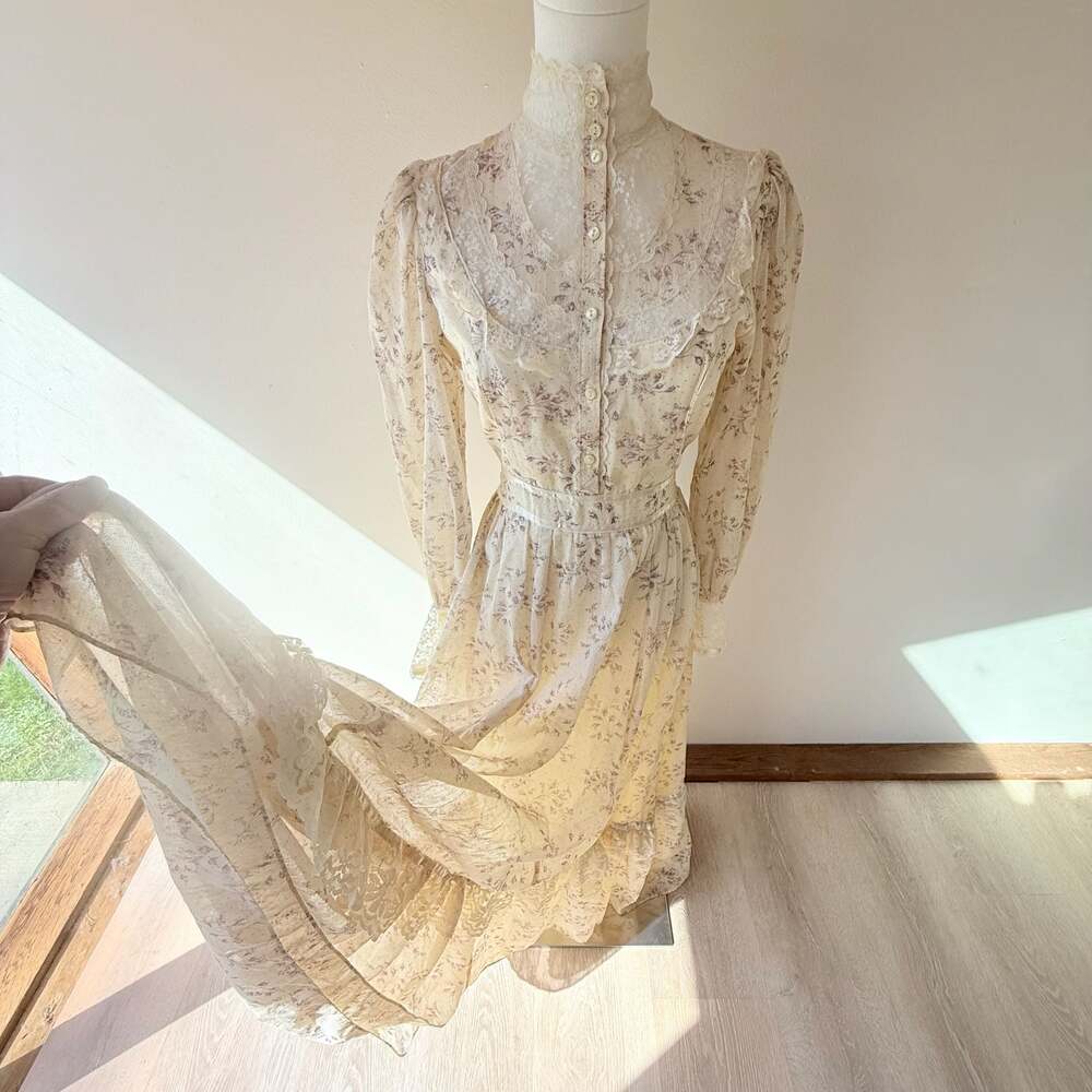 Gunne Sax Vintage 70s Prairie Floral Maxi Dress with Lace  and High Neckline